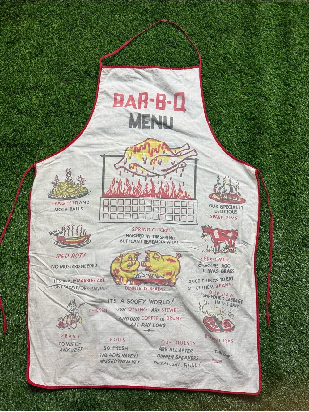 Vintage 1950s Bar-B-Q Menu‎ Apron BBQ Novelty Kitsch MCM Funny Kitchen Decor